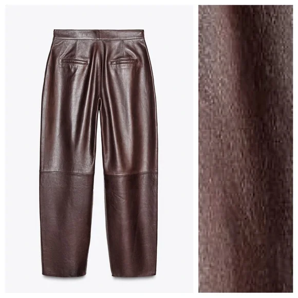 NWT. Zara ZW Collection Limited Edition Burgundy Leather Balloon Trousers Size M